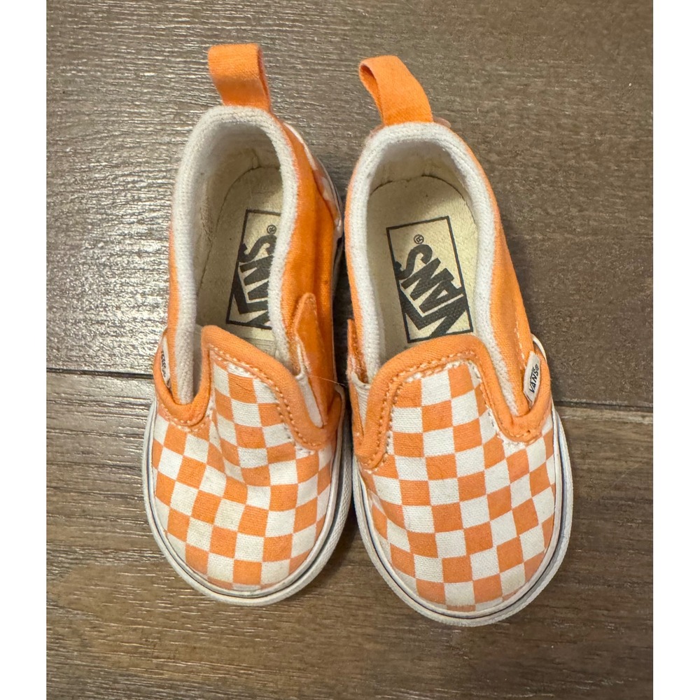 Vans Toddler Classic Slip-On V Orange White Checkerboard Skate Shoes Size 5
